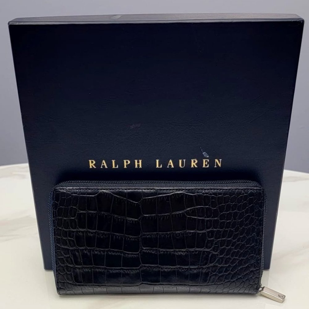 RALPH LAUREN FAUX CROC ZIP CLUTCH/BLACK